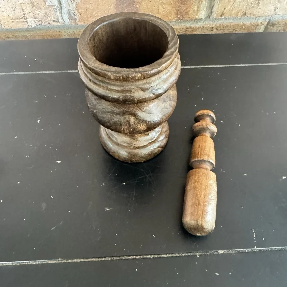 Vintage Hand Carved Wooden Mortar & Pestle Rustic Primitive Farmhouse Decor
